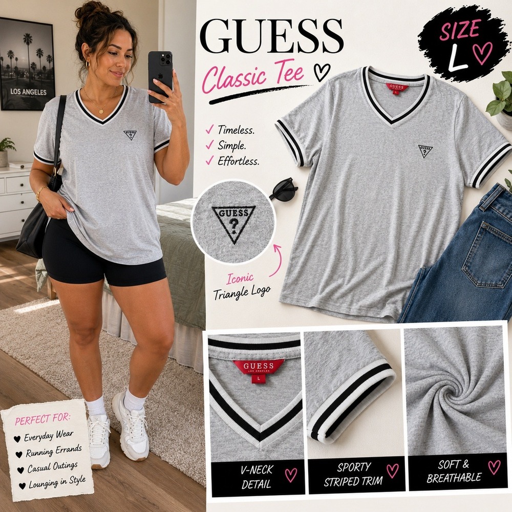 Guess Los Angeles Womens Gray V-Neck Striped Trim Triangle Logo Tee Shirt L